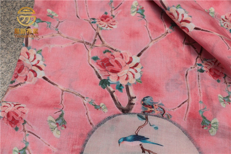 Floral Linen Fabric: Asian Style Pink Upholstery & Sewing Material (55"W)