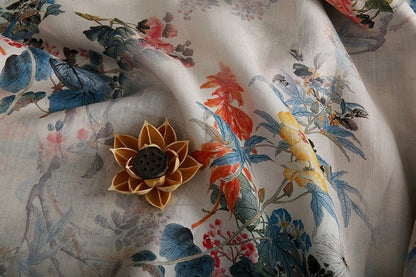 Floral Ramie Fabric: Ancient Ink Painting Print, 57" Wide