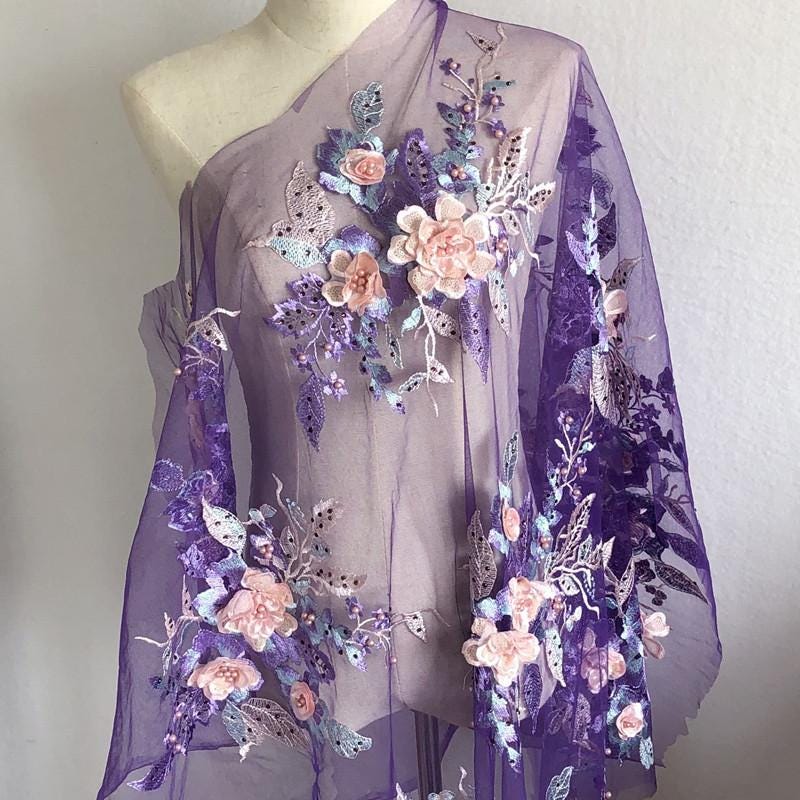 Colorful 3D Floral Beaded Embroidery Lace - Bridal Veil, Doll Making