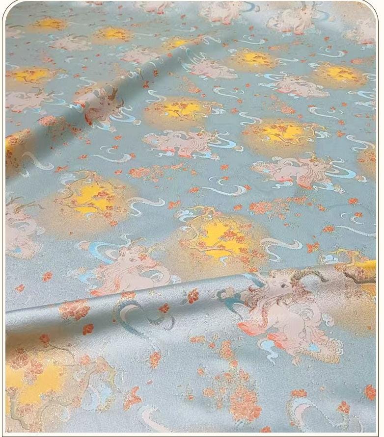Color���Woven Jacquard Brocade Fabric with Gold Thread ��� Auspicious White & Multicolor" Wide