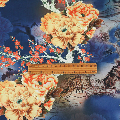 Tissu satin de soie imprimé pivoines - 150 cm de large - Couture, costumes, décoration