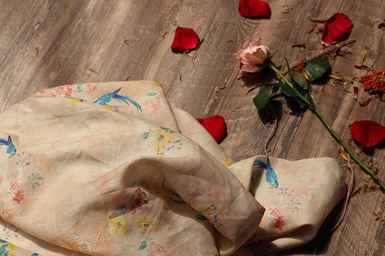 Floral Bird Print Ramie Fabric: Soft Breathable Textile, 55" Wide