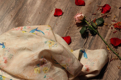 Floral Bird Print Ramie Fabric: Soft Breathable Textile, 55" Wide