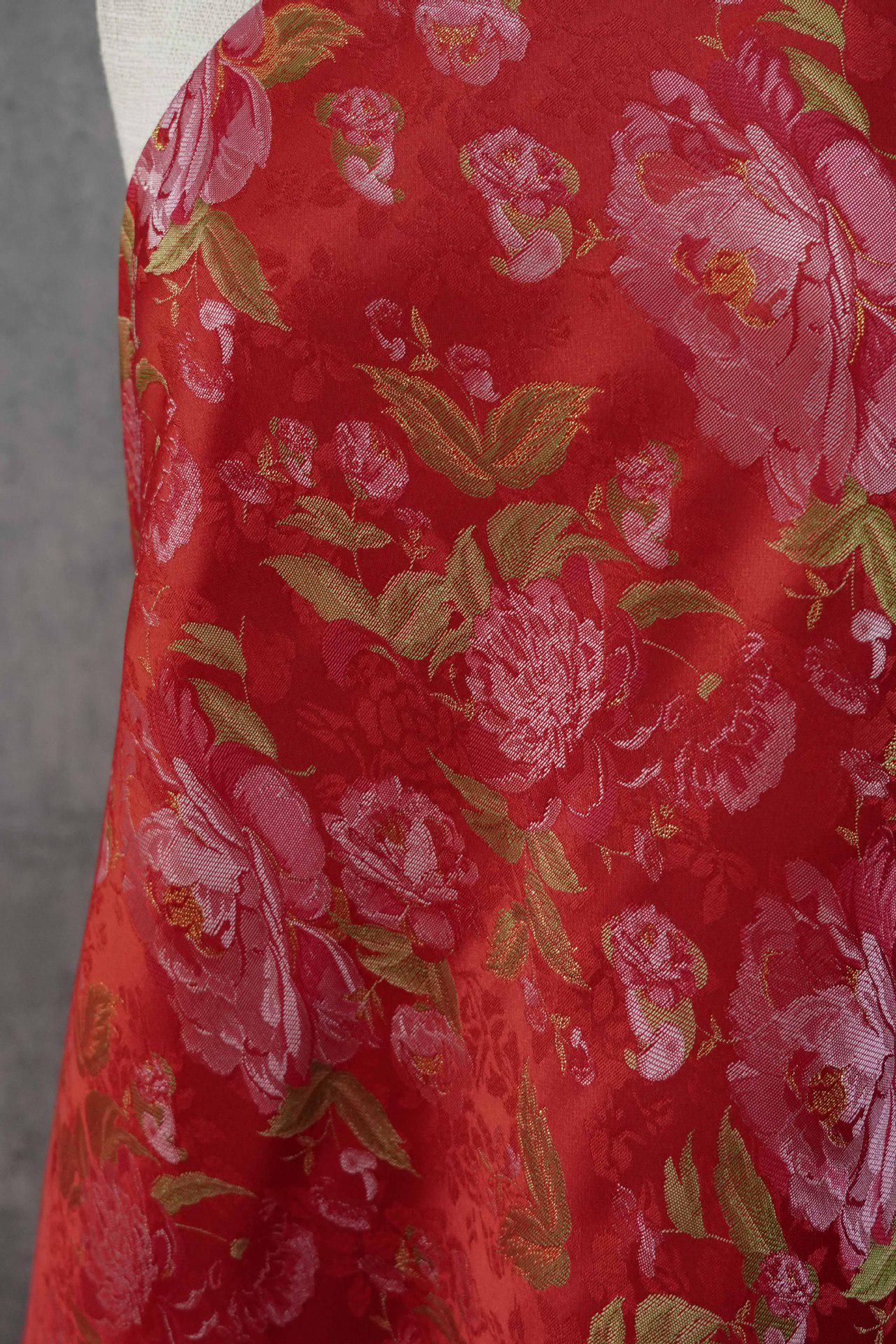 Red Peony Brocade Fabric: Gold Thread Jacquard, 64" Wide