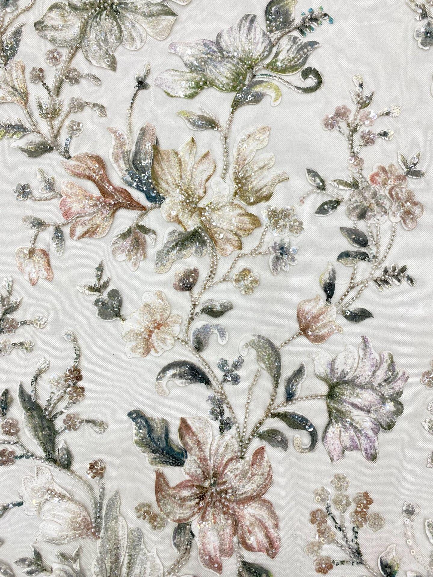 Embroidered Floral Fabric, Beads & Sequins, Cheongsam Dress Material