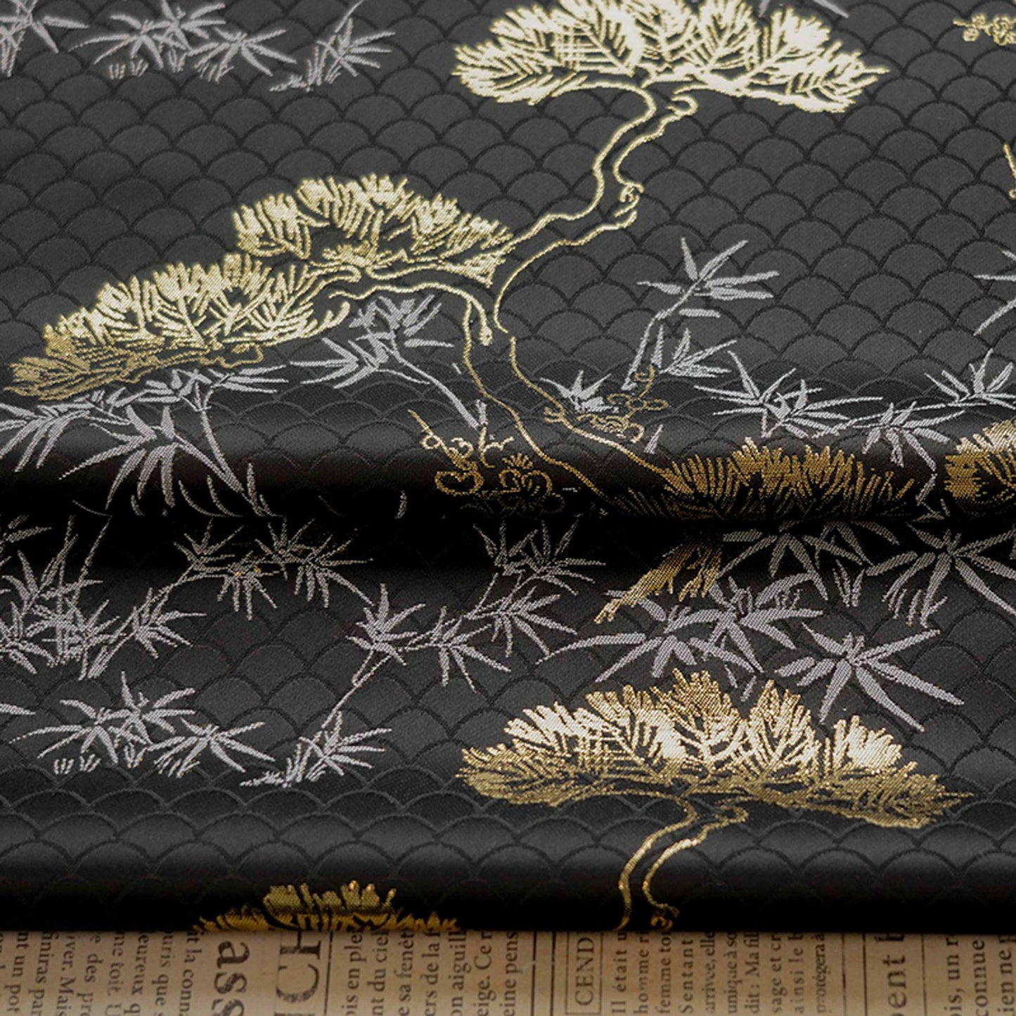 Japanese Kirin Nishijin Brocade Fabric: Black Upholstery, Costume, Decor (65" Wide)