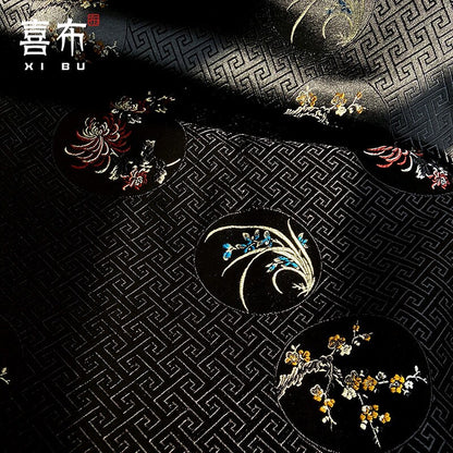 Floral Silk Brocade Fabric: Chinese Plum, Orchid, Bamboo - 29.5" Wide