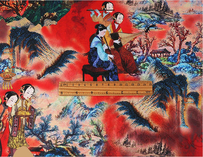 Ancient Ladies Tea Silk Satin Fabric: Digital Print, 59"W