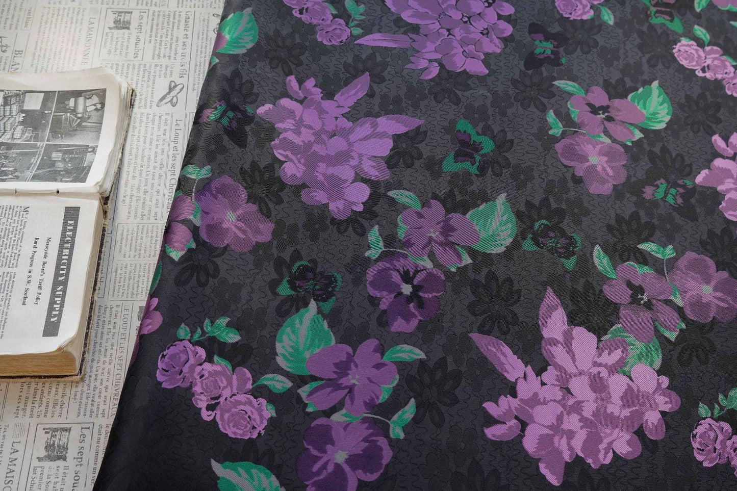 Black Jacquard Qipao Fabric with Purple Floral Pattern ��� Chinese Brocade Upholstery, Quilting, Cheongsam Sewing Fabr"Wide