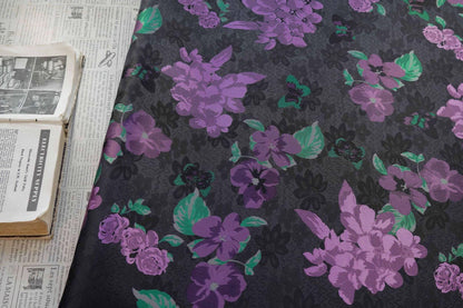 Black Jacquard Qipao Fabric with Purple Floral Pattern ��� Chinese Brocade Upholstery, Quilting, Cheongsam Sewing Fabr"Wide