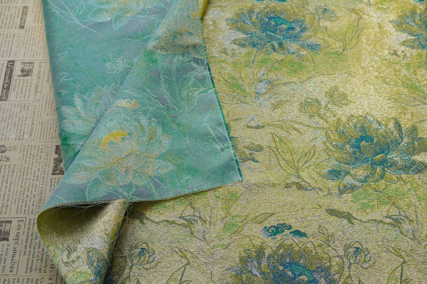 Gold Thread Jacquard Fabric: Green Lotus Upholstery & Dress Sewing (60" W, By The Meter