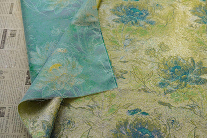 Gold Thread Jacquard Fabric: Green Lotus Upholstery & Dress Sewing (60" W, By The Meter