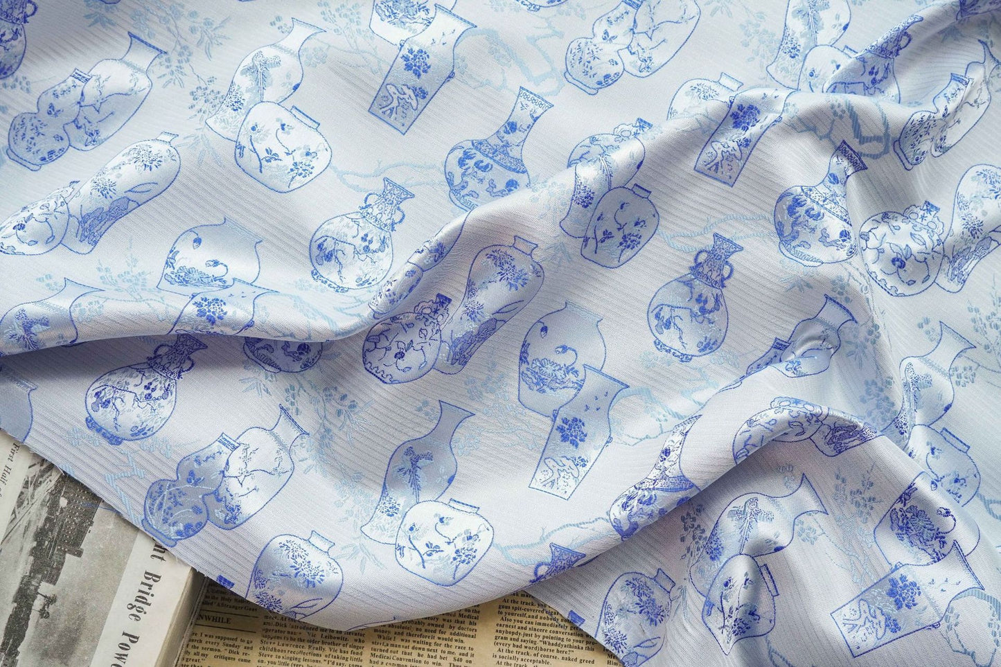 Floral Vase Jacquard Brocade Fabric: Traditional Chinese Style (65" Wide)