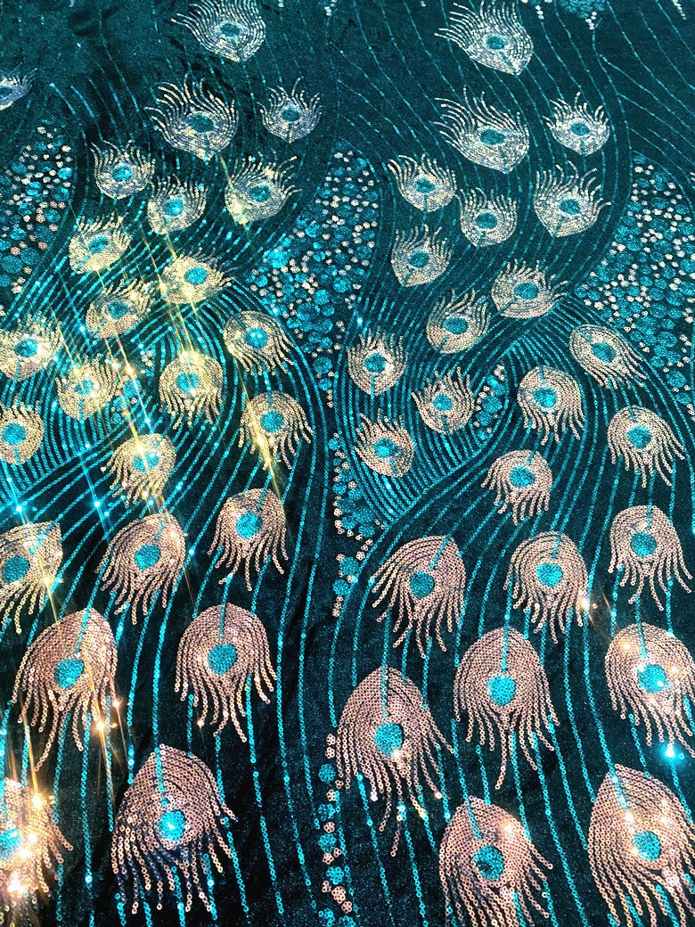 Laser Peacock Sequins Mesh Fabric, Colorful Designer Lace