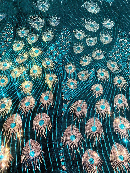 Laser Peacock Sequins Mesh Fabric, Colorful Designer Lace