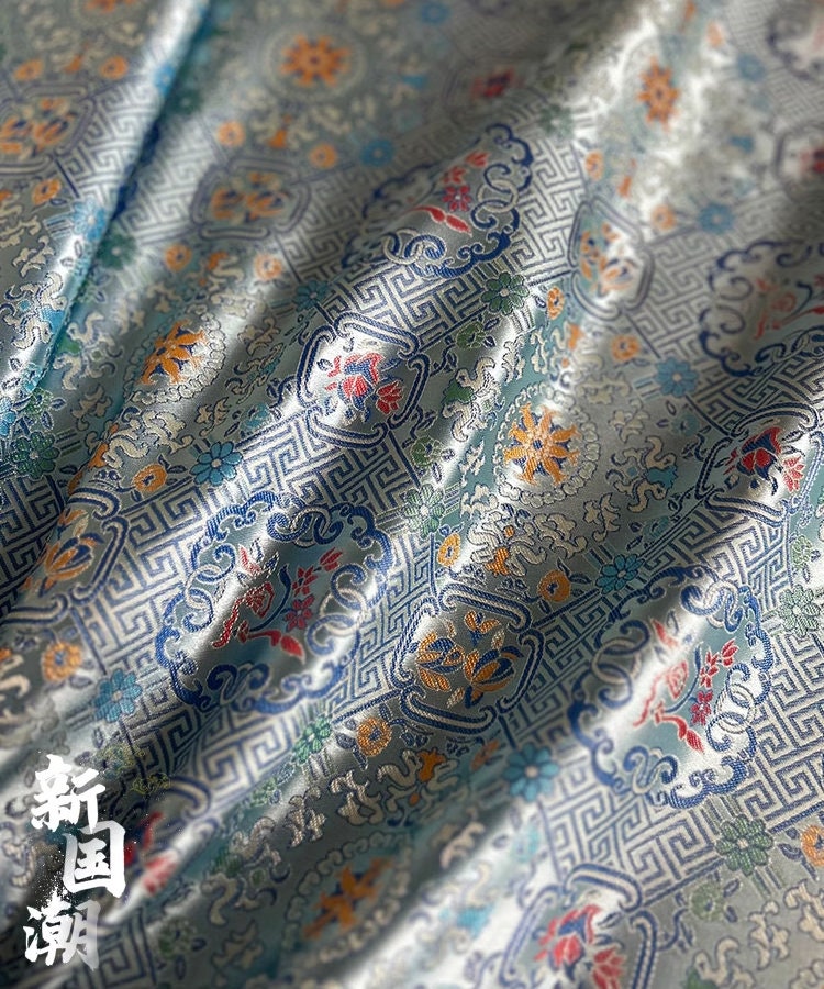 Silver Blue Song Brocade Fabric: 55"W Chinese Wishful Window Grilles Rayon