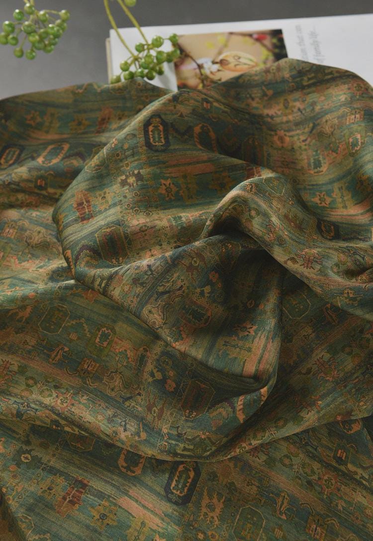 Ancient Chinese Ink Painting Cotton Fabric: Green Drapery Upholstery (55"W)