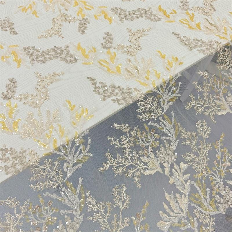 Floral Embroidery Lace Fabric: 3D Flower Sequins, 50"W, DIY Sewing