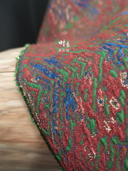 Gold Thread Jacquard Fabric: Red Blue 3D Designer Fabric (55"W By 1 Meter)