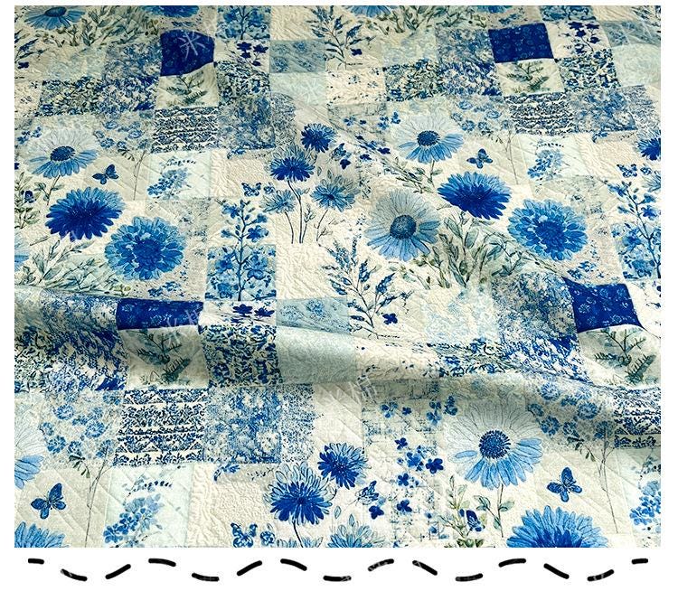 Blue Floral Cotton Fabric: 20s Print, Quilting, Dressmaking - 55" Wide