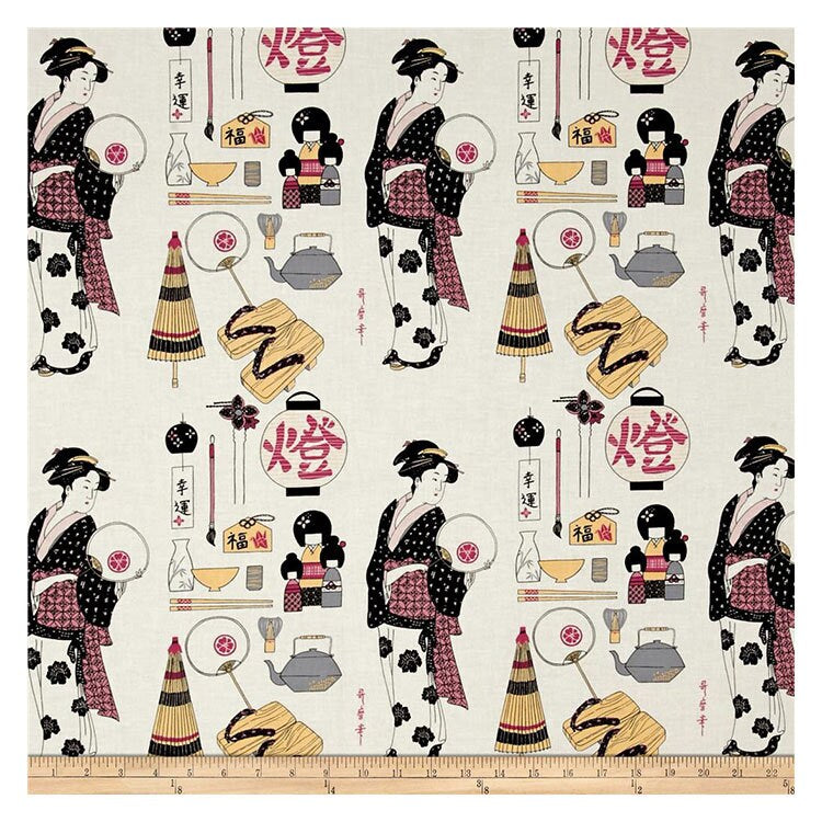 Geisha Dance Print Fabric: Japanese Cotton Spandex Blend