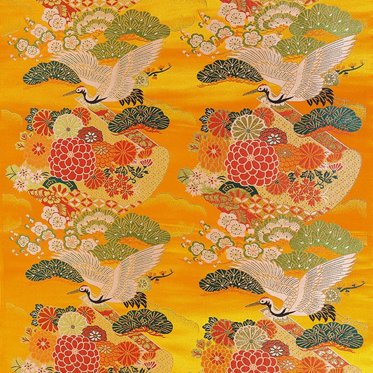 Japanese Crane Fabric: Gold Jacquard Satin, 29.5"W Rayon