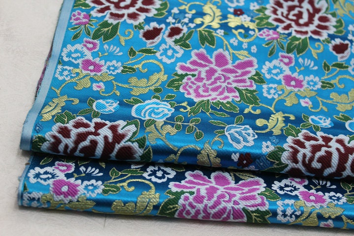 Sky Blue Silk Brocade Fabric: Peony Flower Design, 29"W