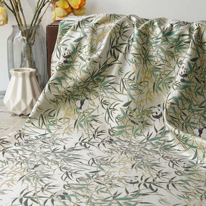 Tissu jacquard double face à motif de feuilles de bambou panda avec fils dorés, largeur 60 pouces