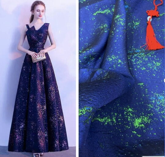 Deep Blue Galaxy Jacquard Fabric: Gold Thread Damask, 57" Wide