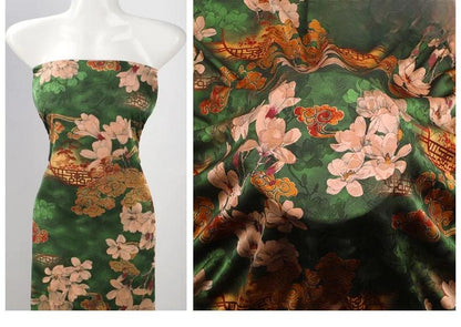 Tissu satiné imprimé à motifs floraux : mélange de rayonne style vintage, 150 cm de large