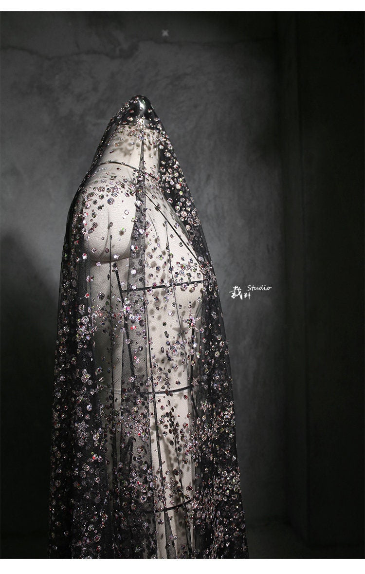 Galaxy Organza Fabric: Bling Sequins, Rhinestones - 63"W