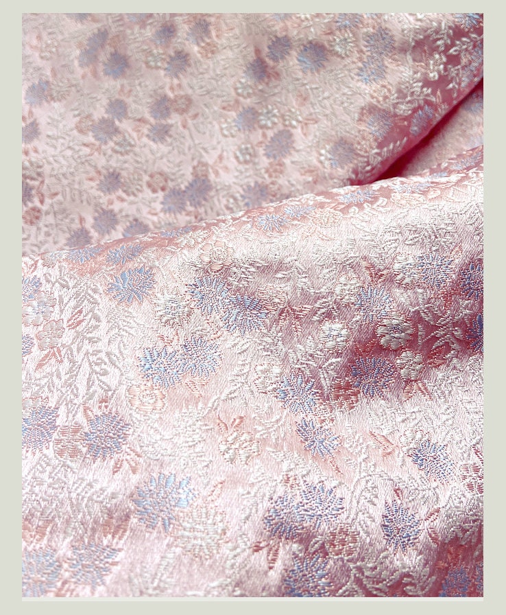 Pink Japanese Kinran Fabric: Silk Brocade Flower Blossom, Kimono Fabric
