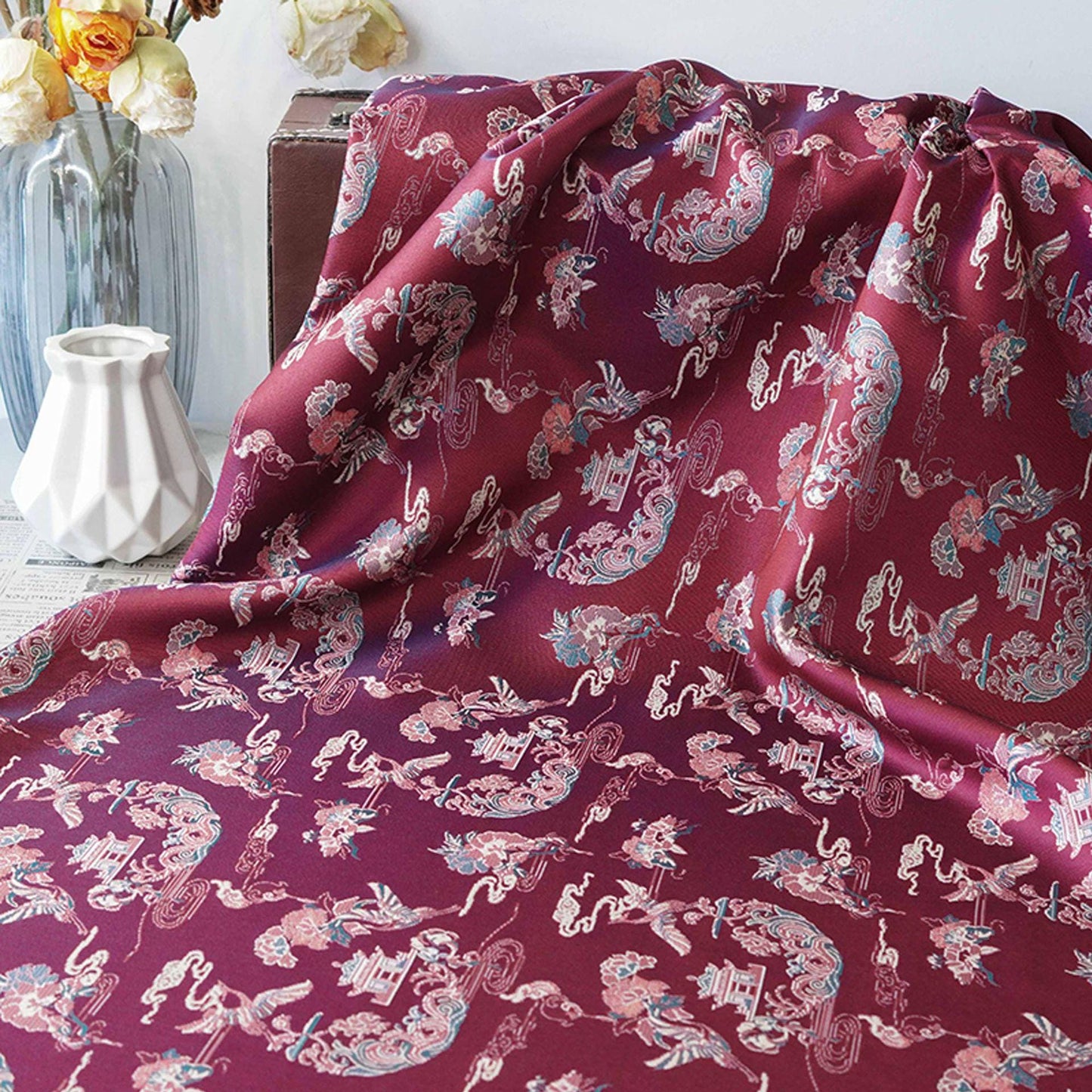 Tissu brocart satin jacquard Song : motif double grue et pivoine