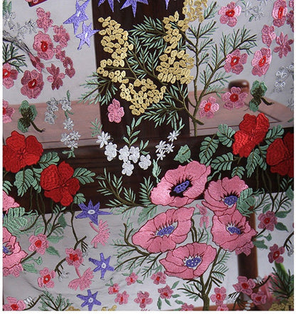 Floral Embroidered Lace Fabric: Pink, Red, Gold Flowers on Black Net (43"W)