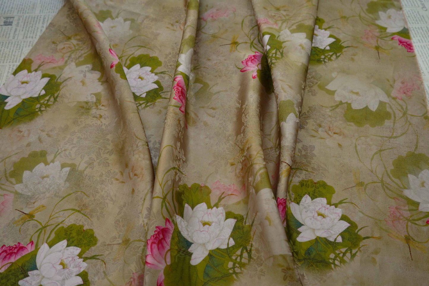 Lotus Flower Tea Silk Satin Fabric: 55"W Digital Print
