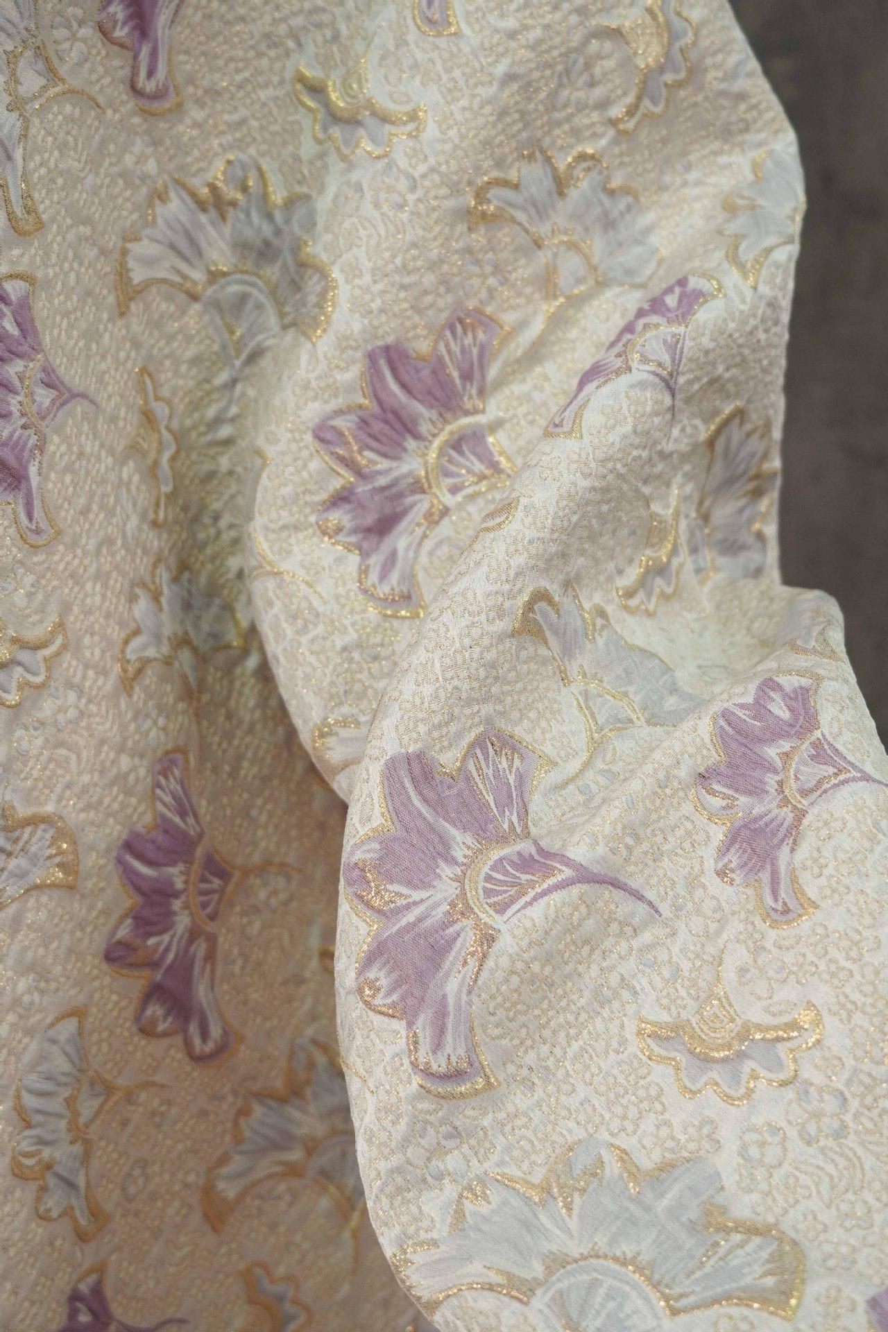Gold Thread Jacquard Woven Fabric: 3D Lilac Floral Embossed Upholstery, Costume, Sewing - 60"W