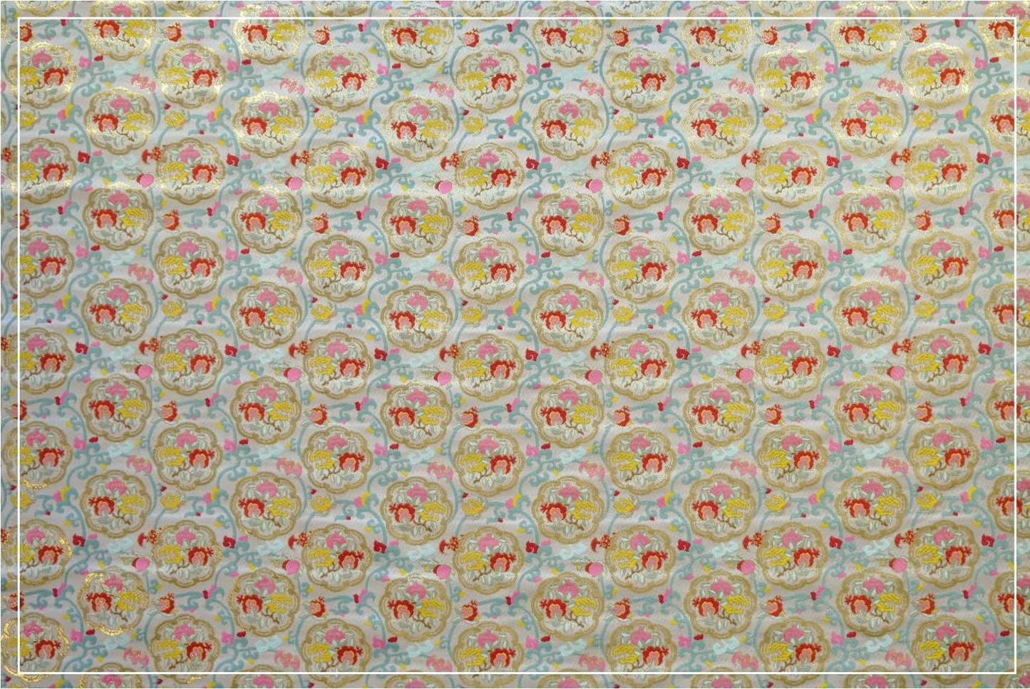 Oriental Medallion Jacquard Fabric, Gold Thread Chinese Textile, 59"W