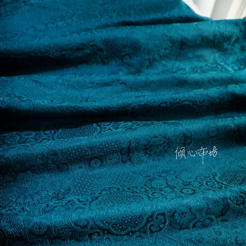 Brocart de rayonne turquoise : Damas chinois, 75 cm de large - Vendu au mètre