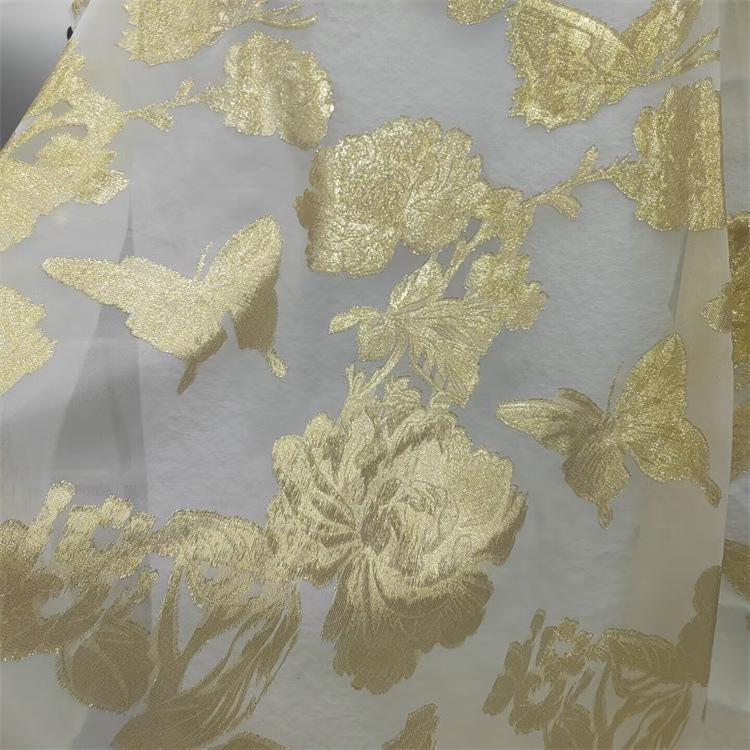 Gold Thread Jacquard Organza Fabric: 3D Embossed Texture, 57" Wide