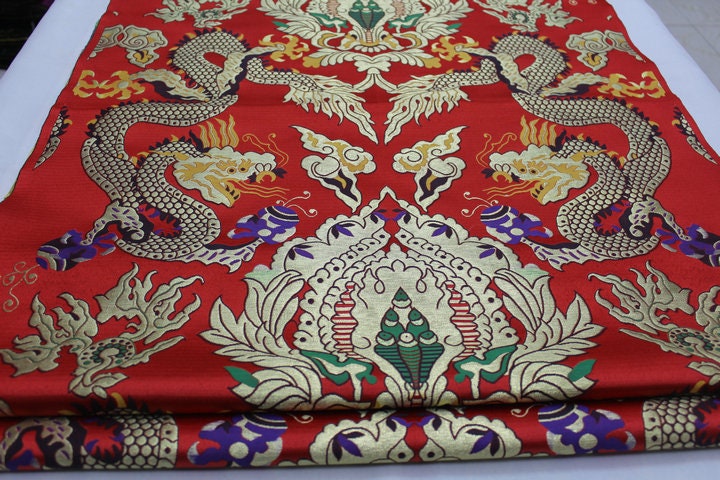 Double Dragon Brocade Fabric: Chinese Cheongsam, Tibetan Robe (Silk Rayon Blend)