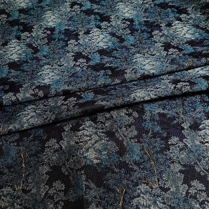 Ice Blue Jacquard Fabric With Gold Thread | Textured Embossed Material, 64" Wide