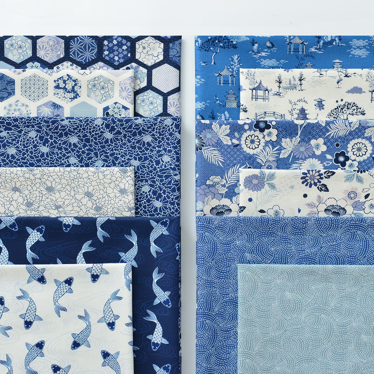 Japanese Blue Cotton Fabric: Floral Print Sewing Material
