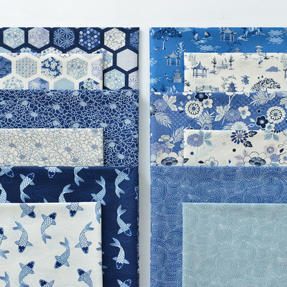 Japanese Blue Cotton Fabric: Floral Print Sewing Material