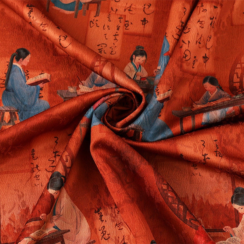 Red Ancient Ladies Fabric: Silken Upholstery, Costume, Doll Making (59"W)