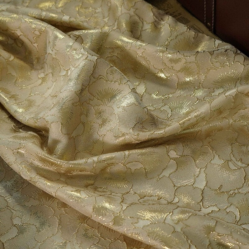 Gold Ginkgo Jacquard Fabric: Beige Costume Dress Satin (59"W)