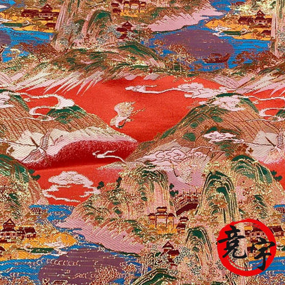 Red & Gold Chinese Brocade Fabric: Ancient Paintings Pattern (59" Wide)