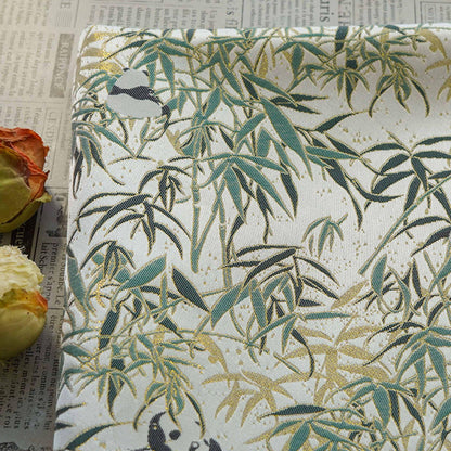 Tissu jacquard double face à motif de feuilles de bambou panda avec fils dorés, largeur 60 pouces