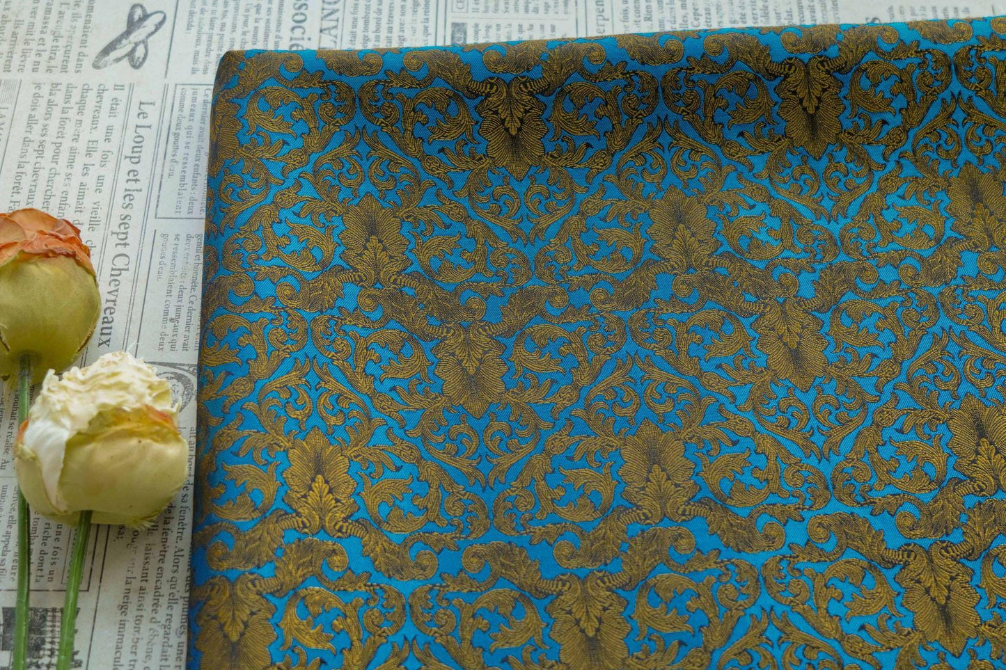 Blue & Gold Floral Jacquard Fabric: European Palace Style, 59" Wide