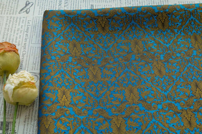 Blue & Gold Floral Jacquard Fabric: European Palace Style, 59" Wide