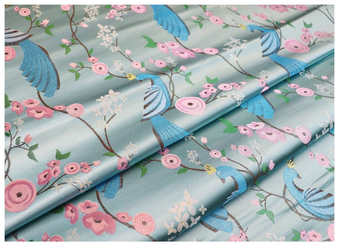 Peacock Bird Damask Fabric: 29.5"W Jacquard Satin Brocade